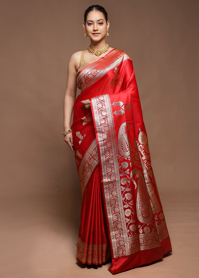 Red Handloom Banarasi Pure Silk Saree With Blouse Piece