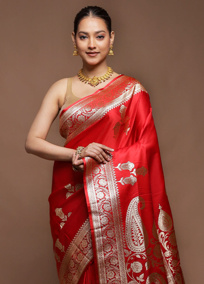 Red Handloom Banarasi Pure Silk Saree With Blouse Piece