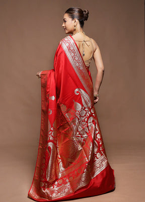 Red Handloom Banarasi Pure Silk Saree With Blouse Piece