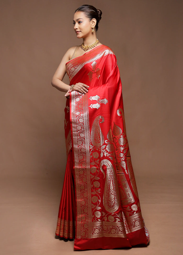 Red Handloom Banarasi Pure Silk Saree With Blouse Piece
