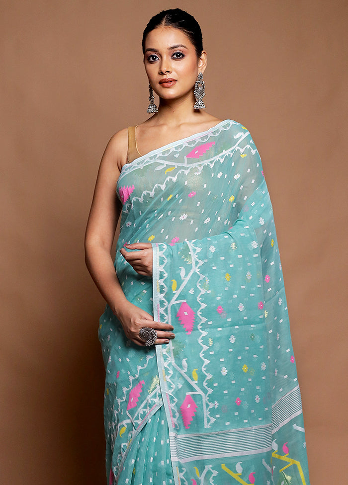 Blue Tant Jamdani Saree Without Blouse Piece
