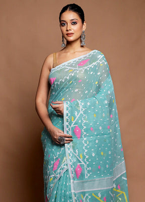 Blue Tant Jamdani Saree Without Blouse Piece