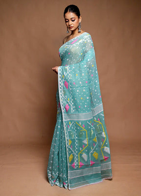 Blue Tant Jamdani Saree Without Blouse Piece