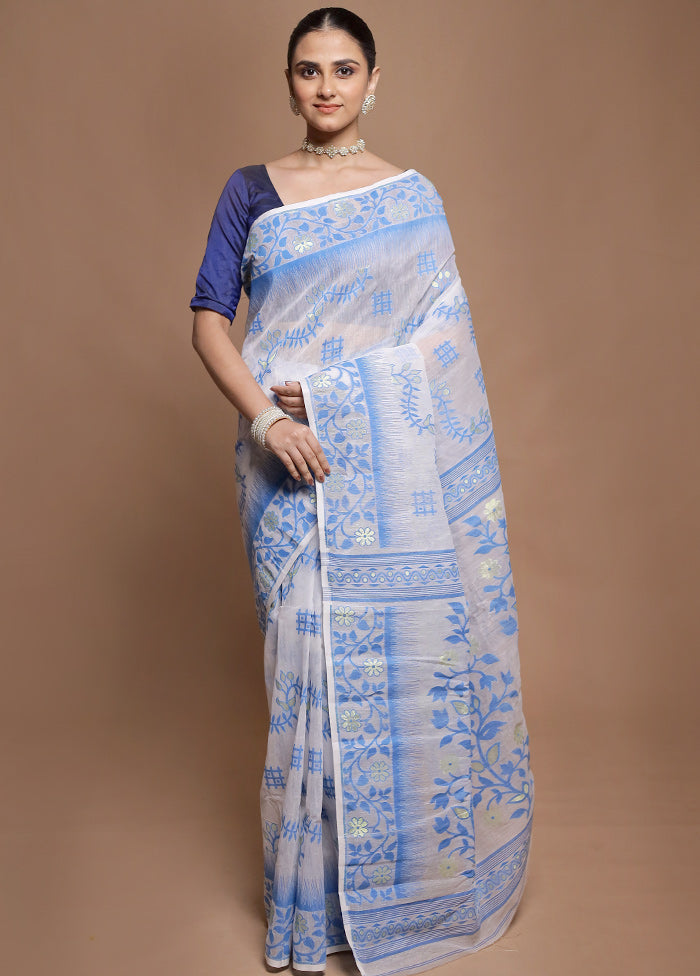 White Tant Jamdani Saree Without Blouse Piece