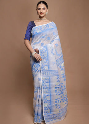 White Tant Jamdani Saree Without Blouse Piece