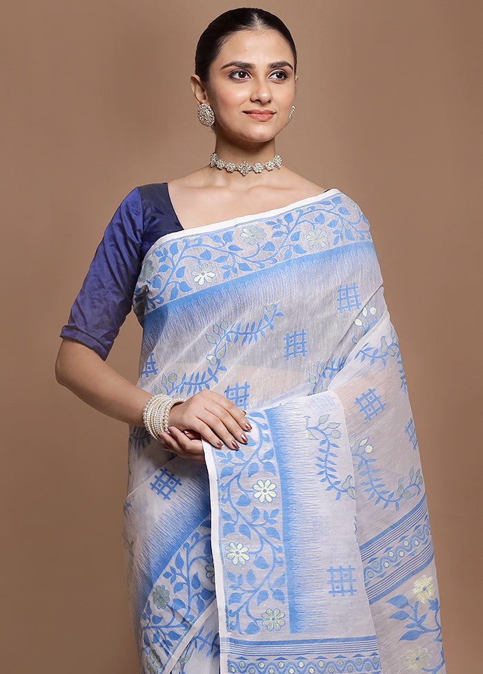 White Tant Jamdani Saree Without Blouse Piece