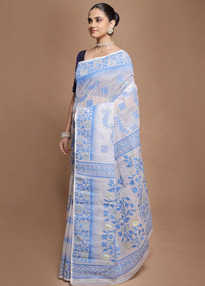 White Tant Jamdani Saree Without Blouse Piece