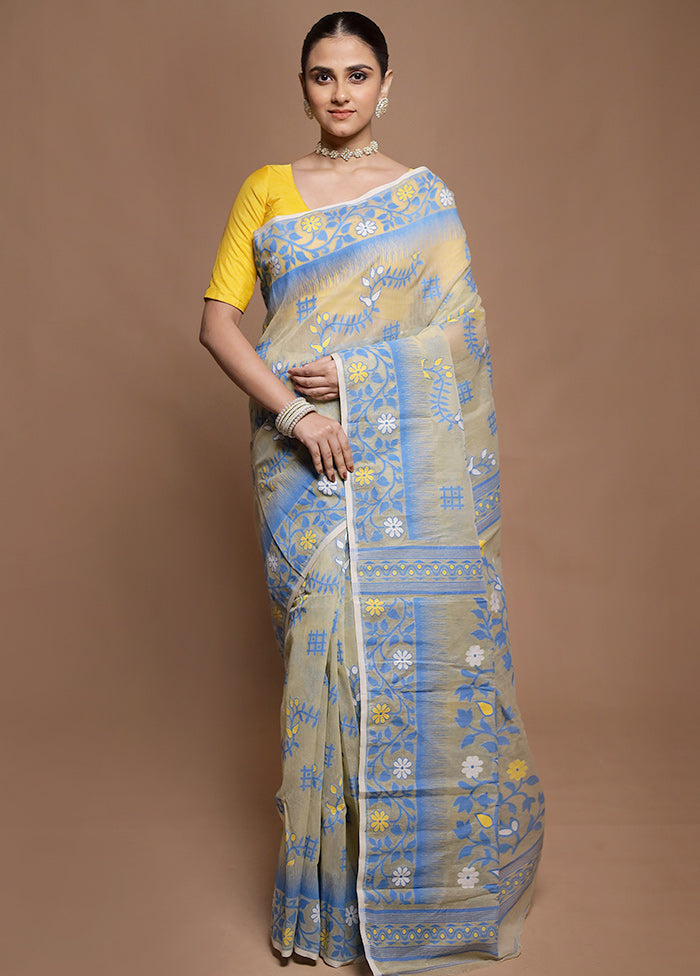 Cream Tant Jamdani Saree Without Blouse Piece