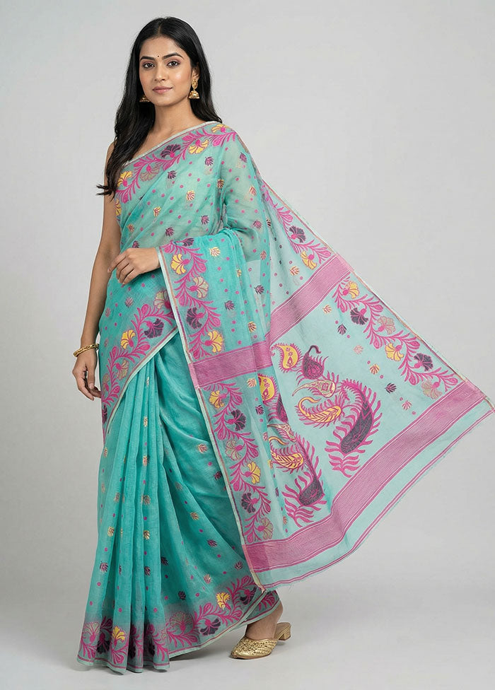 Blue Jamdani Cotton Saree Without Blouse Piece
