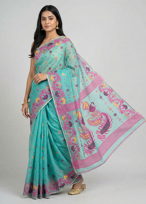 Blue Jamdani Cotton Saree Without Blouse Piece