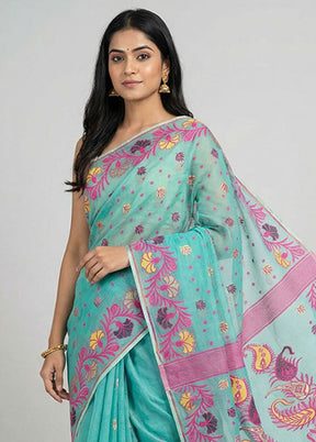 Blue Jamdani Cotton Saree Without Blouse Piece