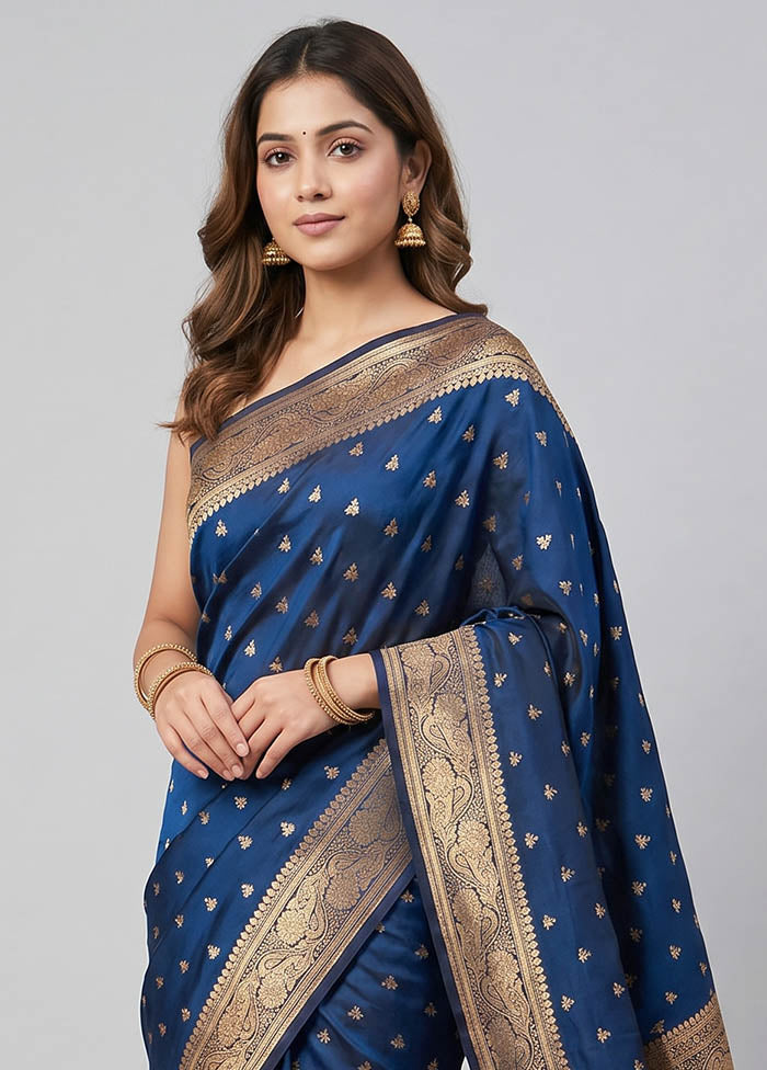 Blue Banarasi Silk Saree With Blouse Piece