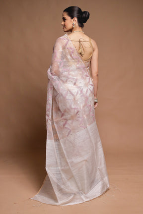 White Handloom Matka Pure Silk Saree With Blouse Piece
