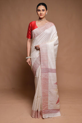 White Handloom Matka Pure Silk Saree With Blouse Piece