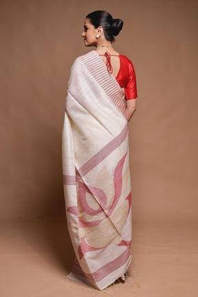 White Handloom Matka Pure Silk Saree With Blouse Piece