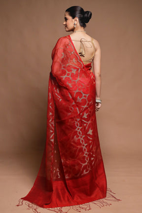 Red Handloom Matka Pure Silk Saree With Blouse Piece