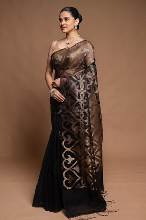 Black Handloom Matka Pure Silk Saree With Blouse Piece