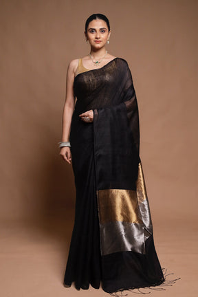 Black Handloom Matka Pure Silk Saree With Blouse Piece