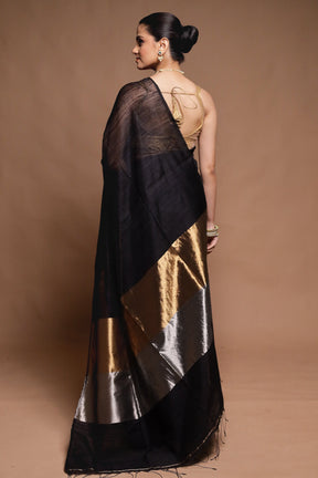 Black Handloom Matka Pure Silk Saree With Blouse Piece