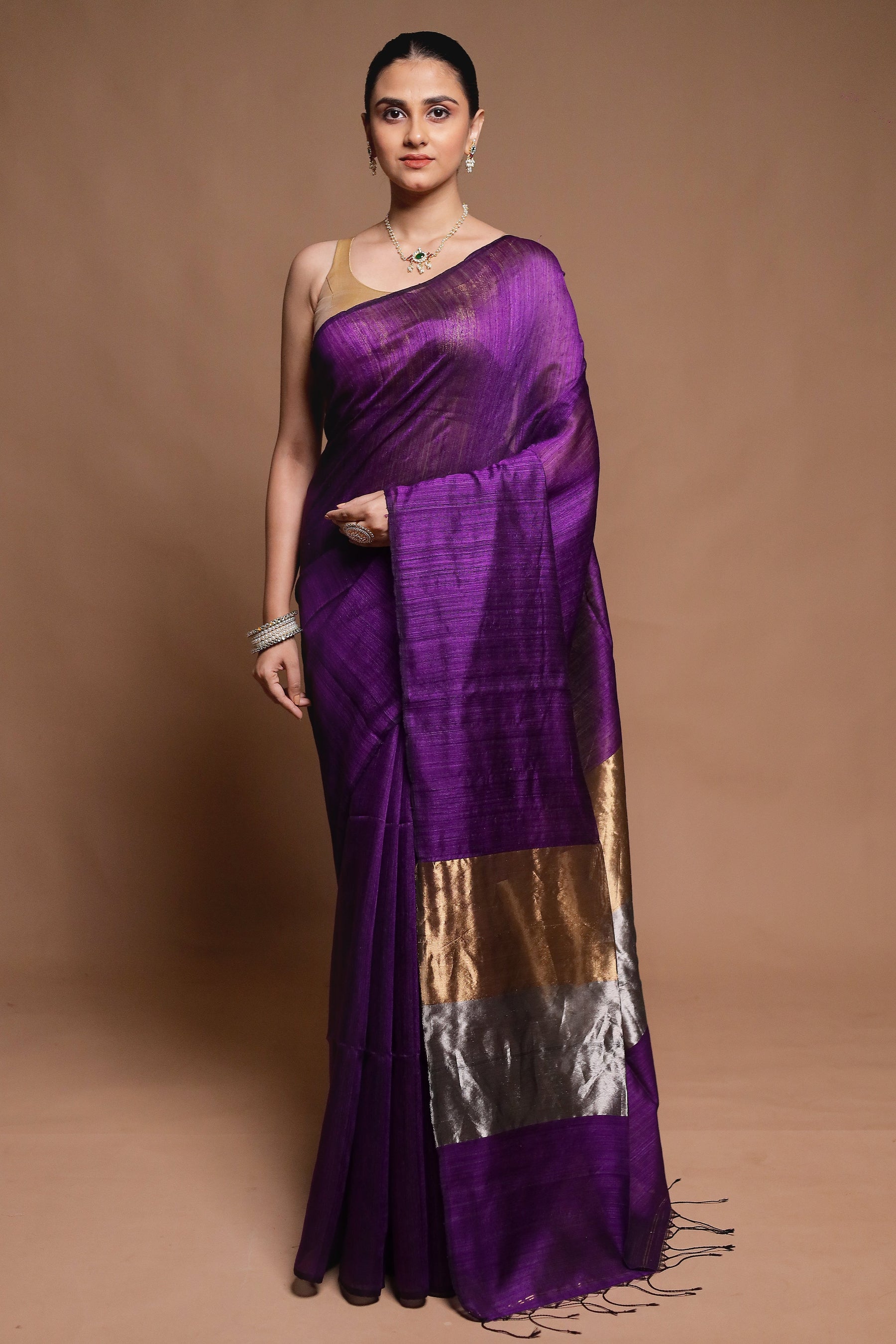 Purple Handloom Matka Pure Silk Saree With Blouse Piece