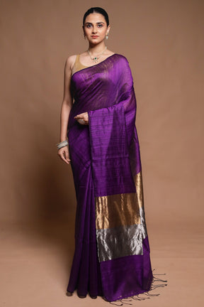 Purple Handloom Matka Pure Silk Saree With Blouse Piece