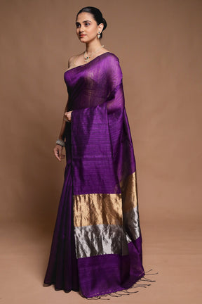 Purple Handloom Matka Pure Silk Saree With Blouse Piece