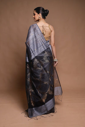 Grey Handloom Matka Pure Silk Saree With Blouse Piece