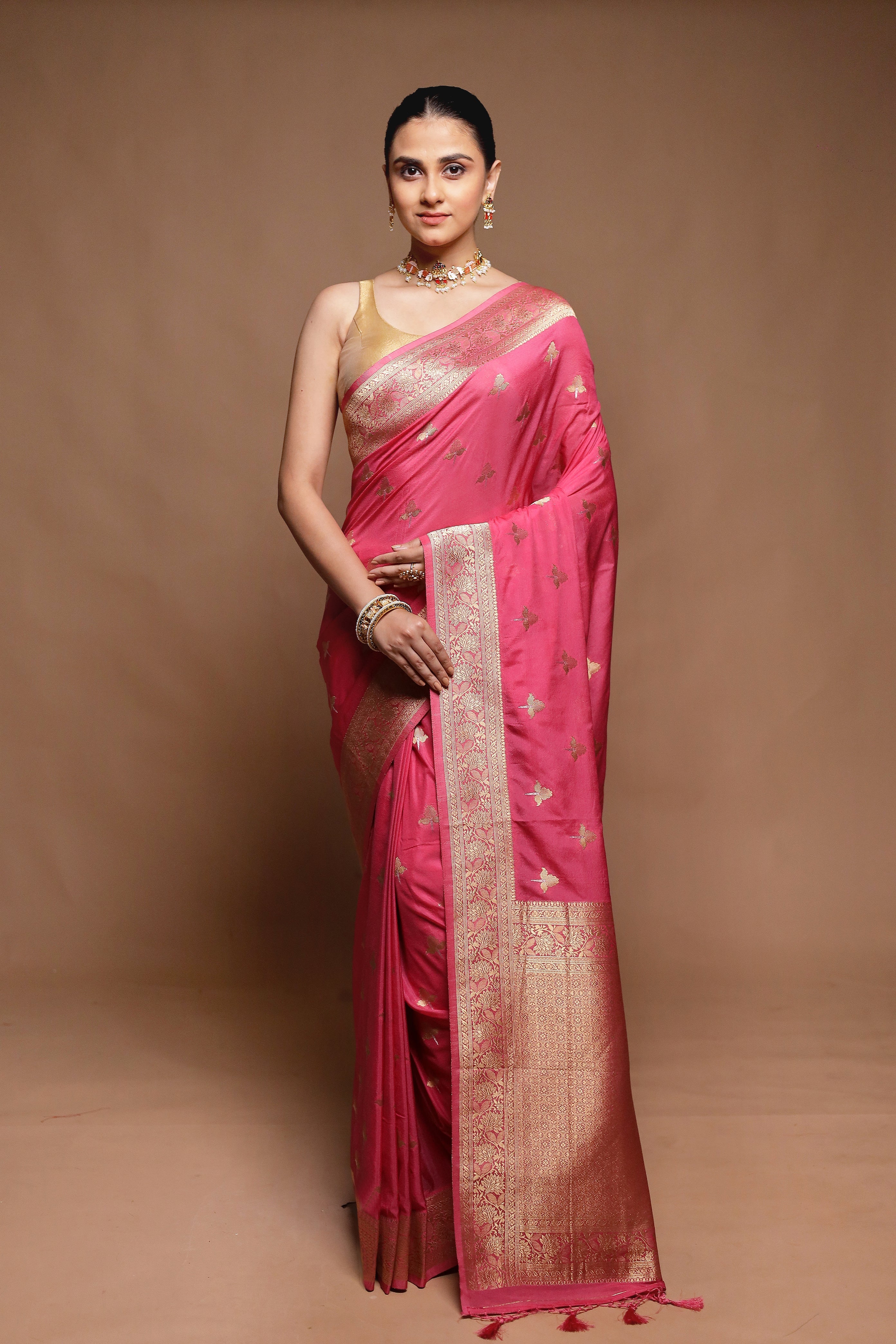 Pink Dupion Silk Saree With Blouse Piece