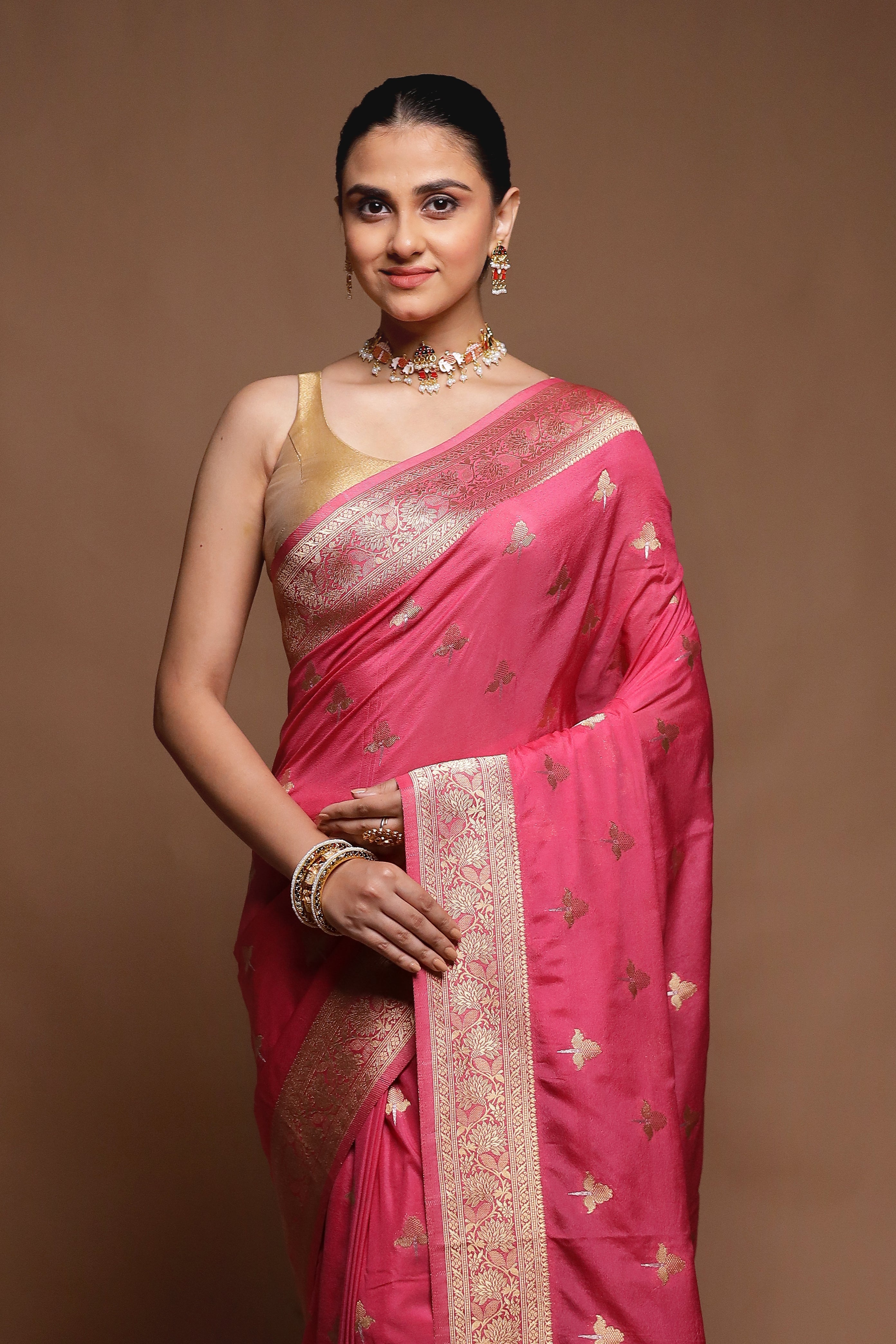 Pink Dupion Silk Saree With Blouse Piece