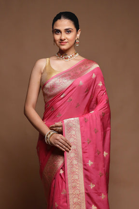 Pink Dupion Silk Saree With Blouse Piece