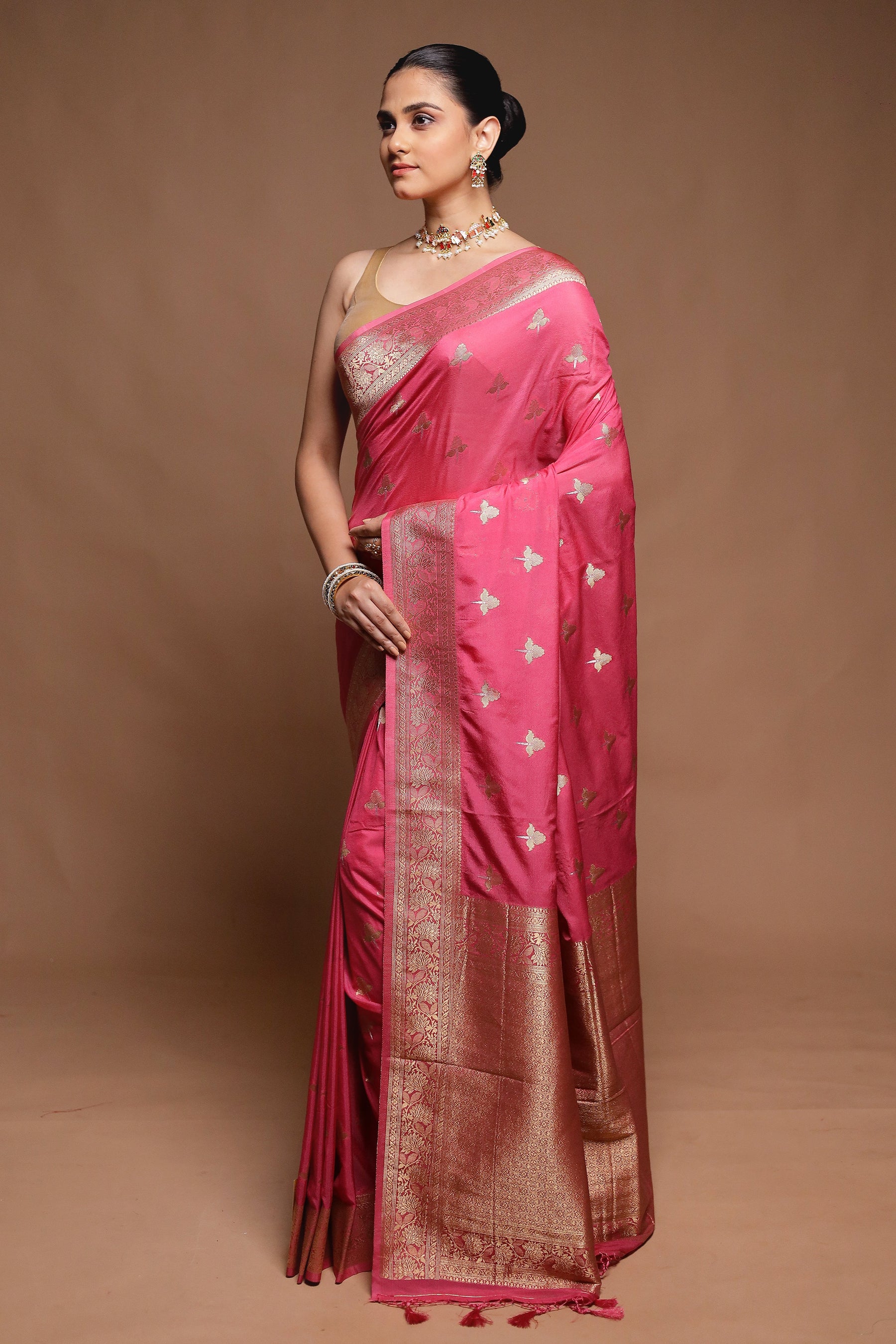 Pink Dupion Silk Saree With Blouse Piece