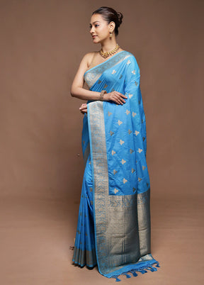 Blue Dupion Silk Saree With Blouse Piece