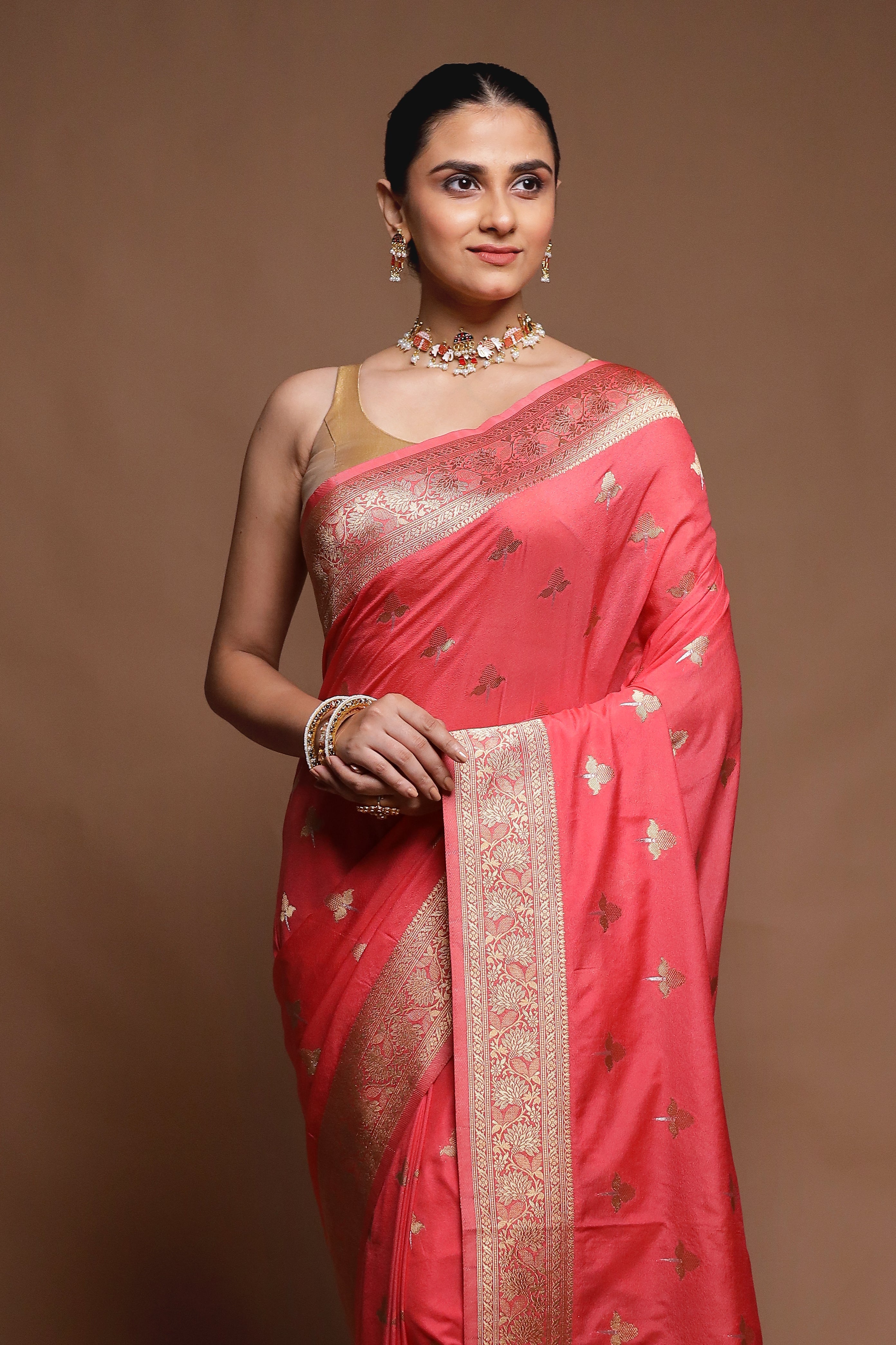Pink Dupion Silk Saree With Blouse Piece