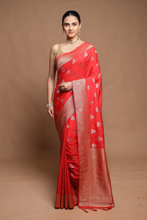 Red Dupion Silk Saree With Blouse Piece