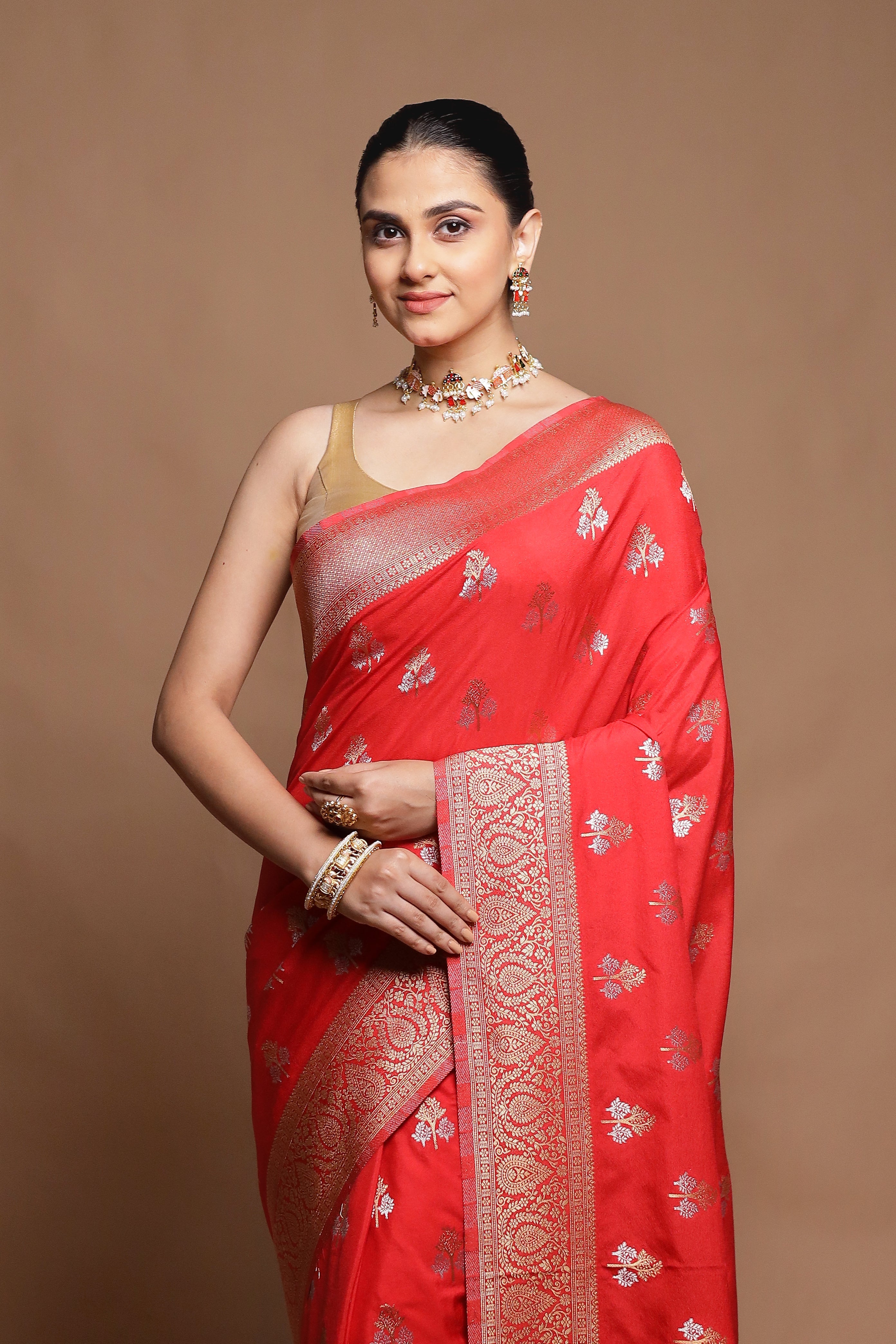 Red Dupion Silk Saree With Blouse Piece