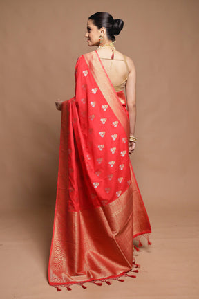 Red Dupion Silk Saree With Blouse Piece
