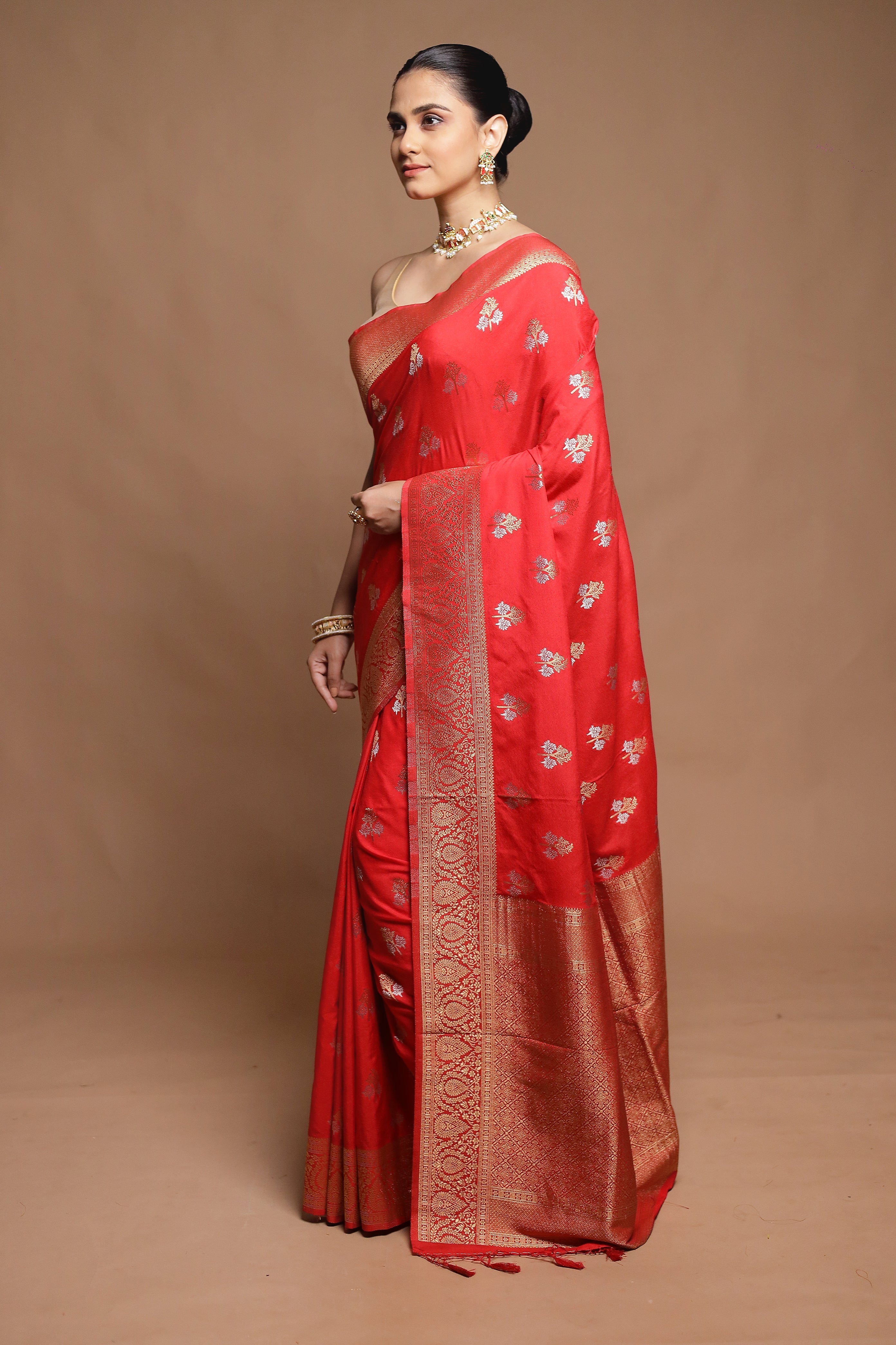 Red Dupion Silk Saree With Blouse Piece