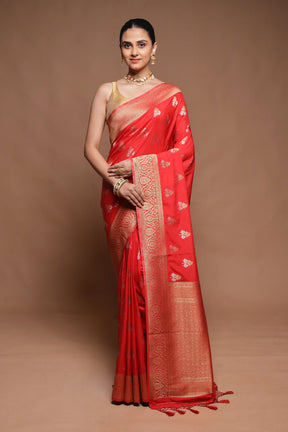 Red Dupion Silk Saree With Blouse Piece