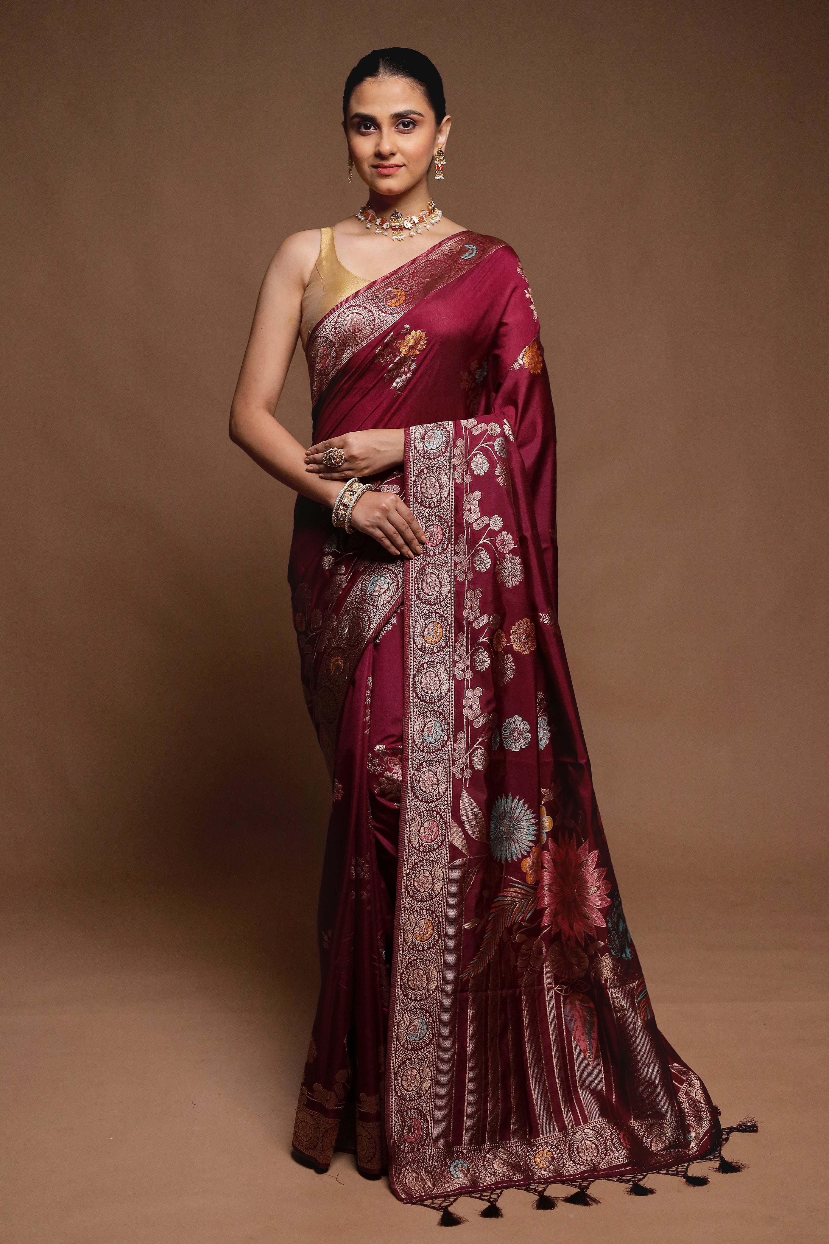Maroon Dupion Silk Saree With Blouse Piece