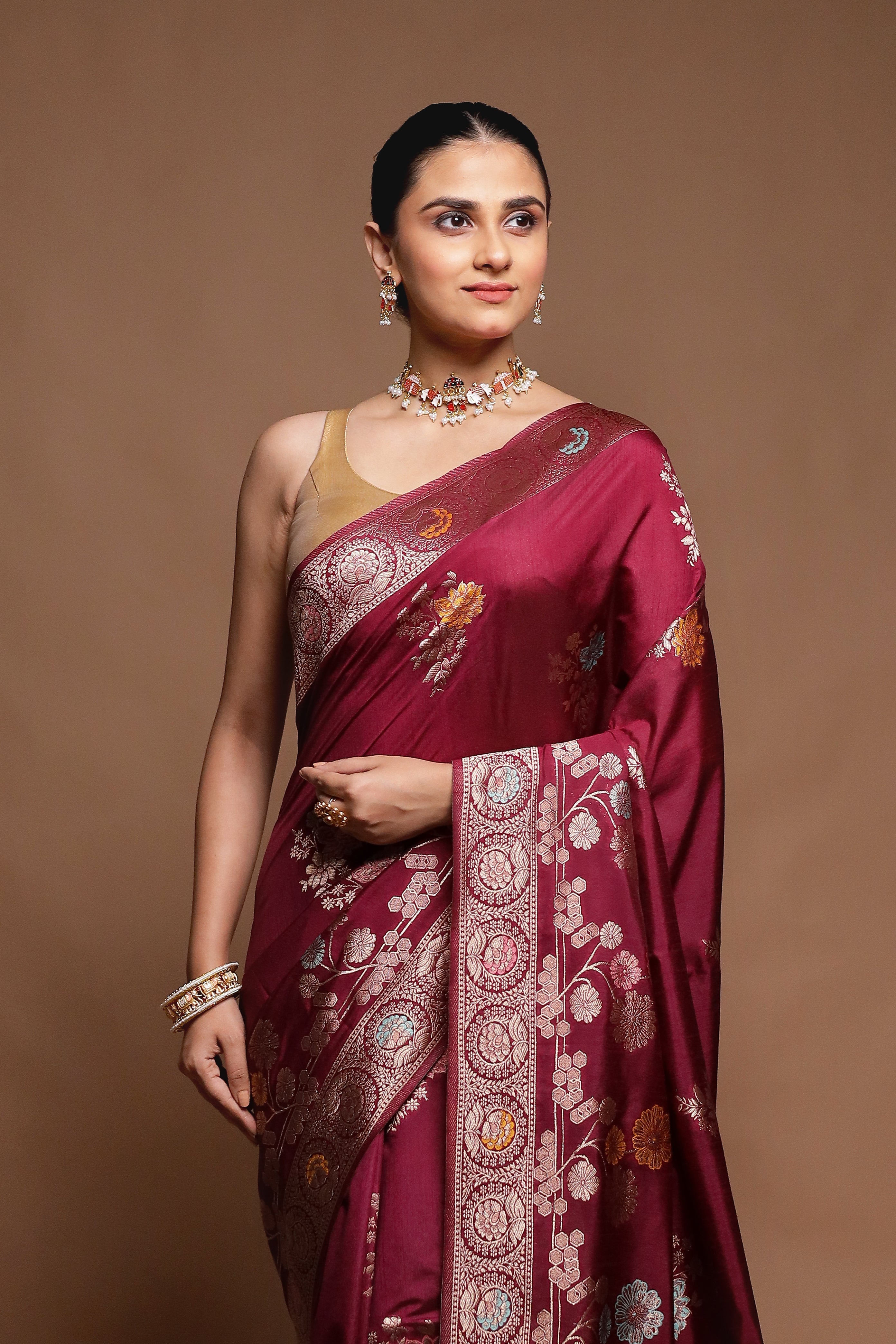Maroon Dupion Silk Saree With Blouse Piece