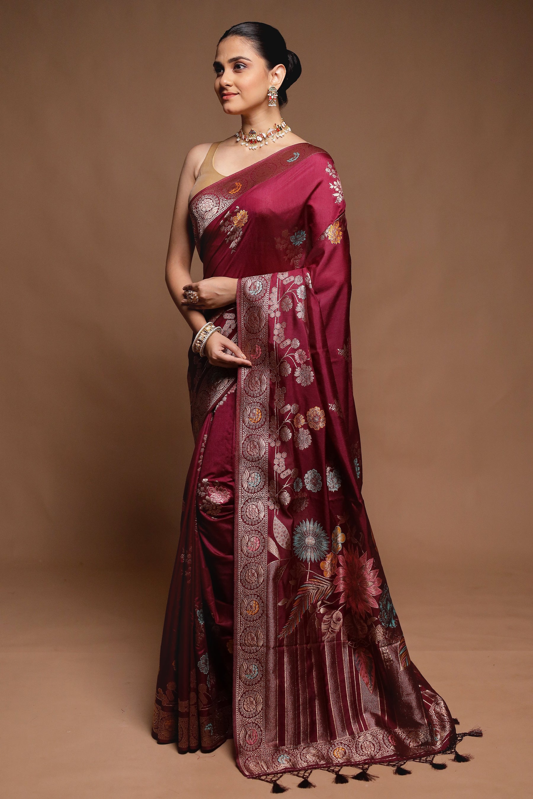 Maroon Dupion Silk Saree With Blouse Piece