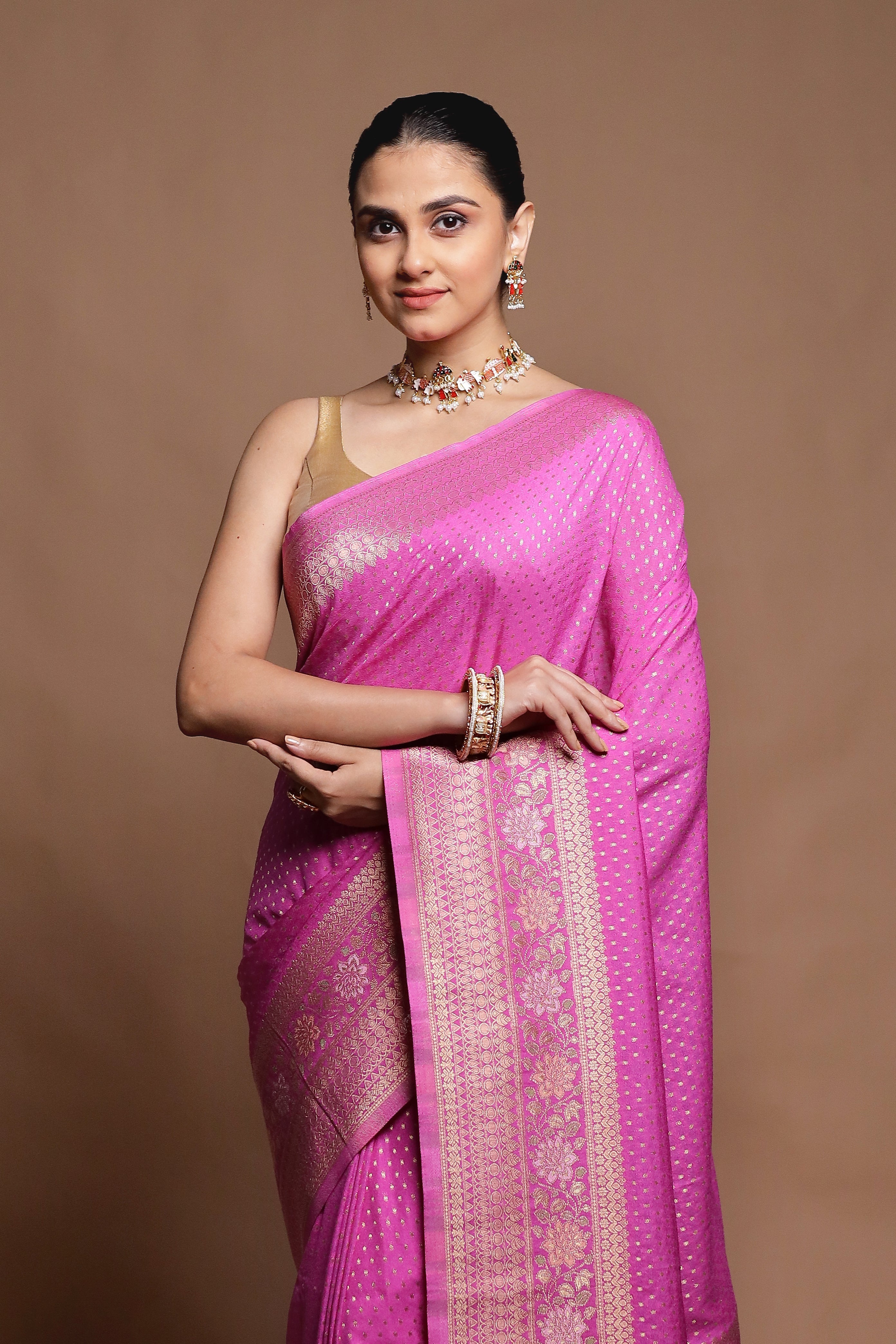 Pink Dupion Silk Saree With Blouse Piece