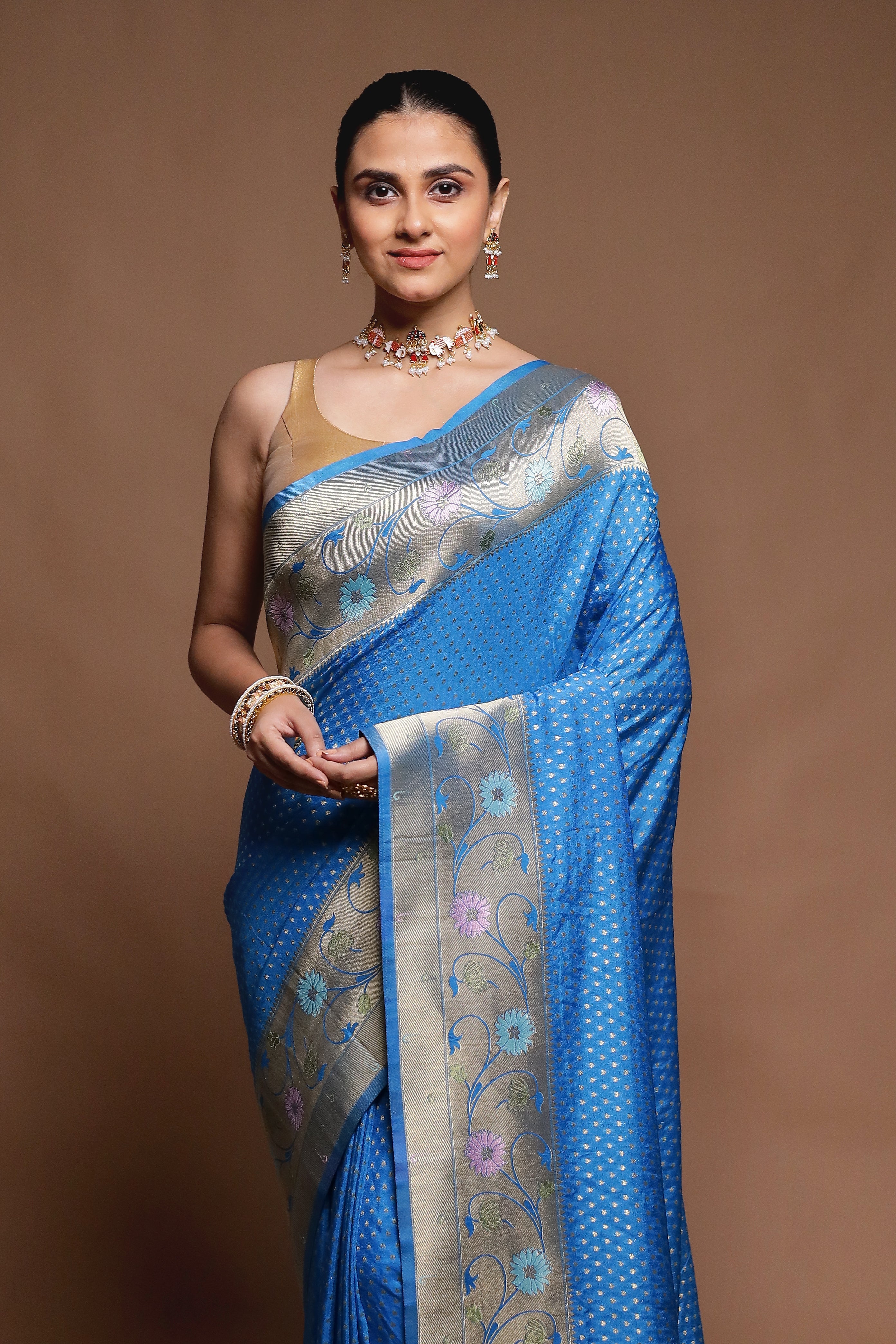 Blue Dupion Silk Saree With Blouse Piece