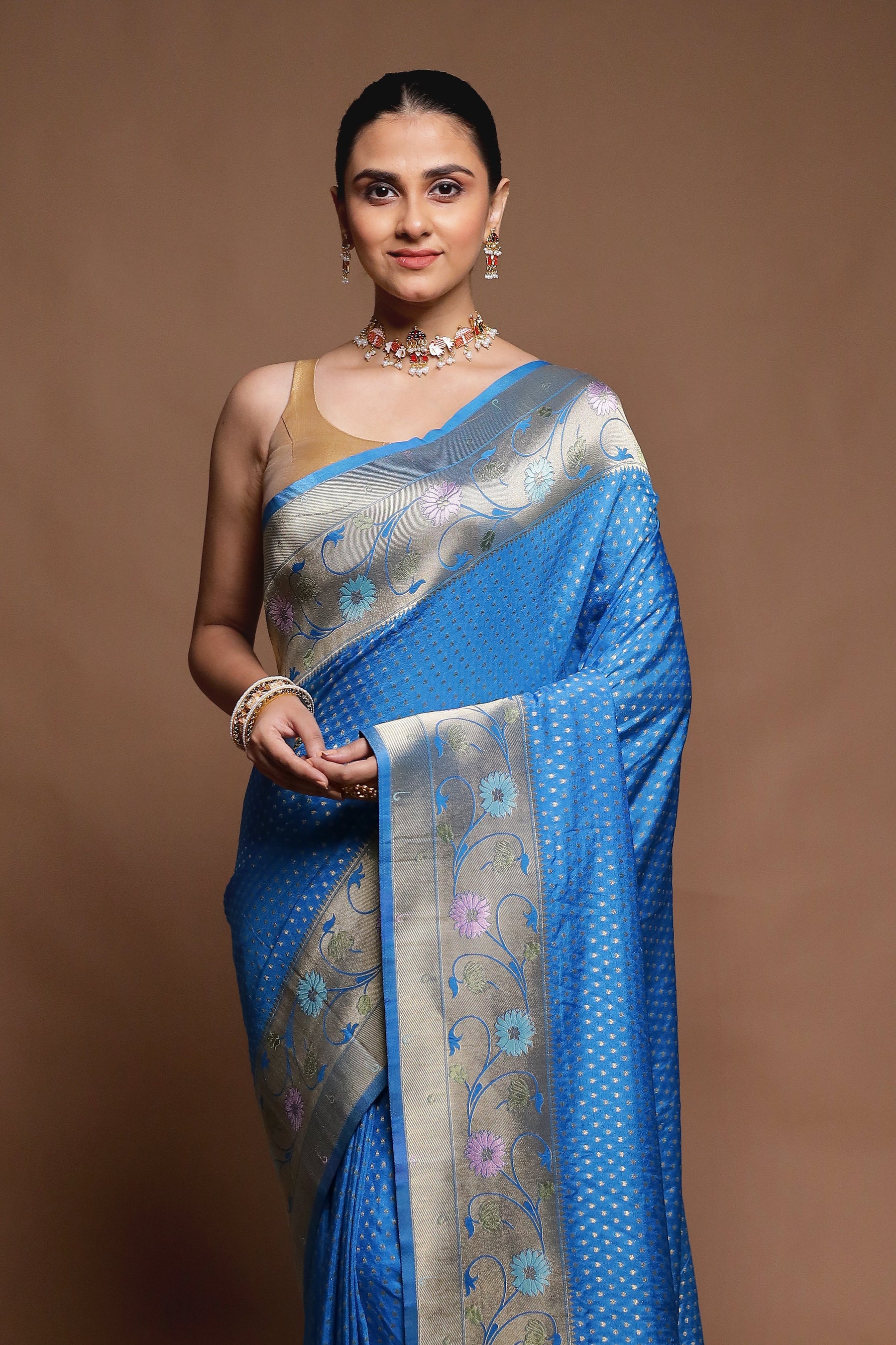 Blue Dupion Silk Saree With Blouse Piece