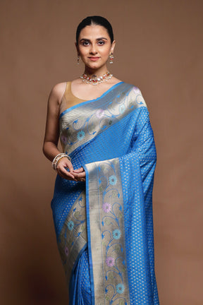 Blue Dupion Silk Saree With Blouse Piece