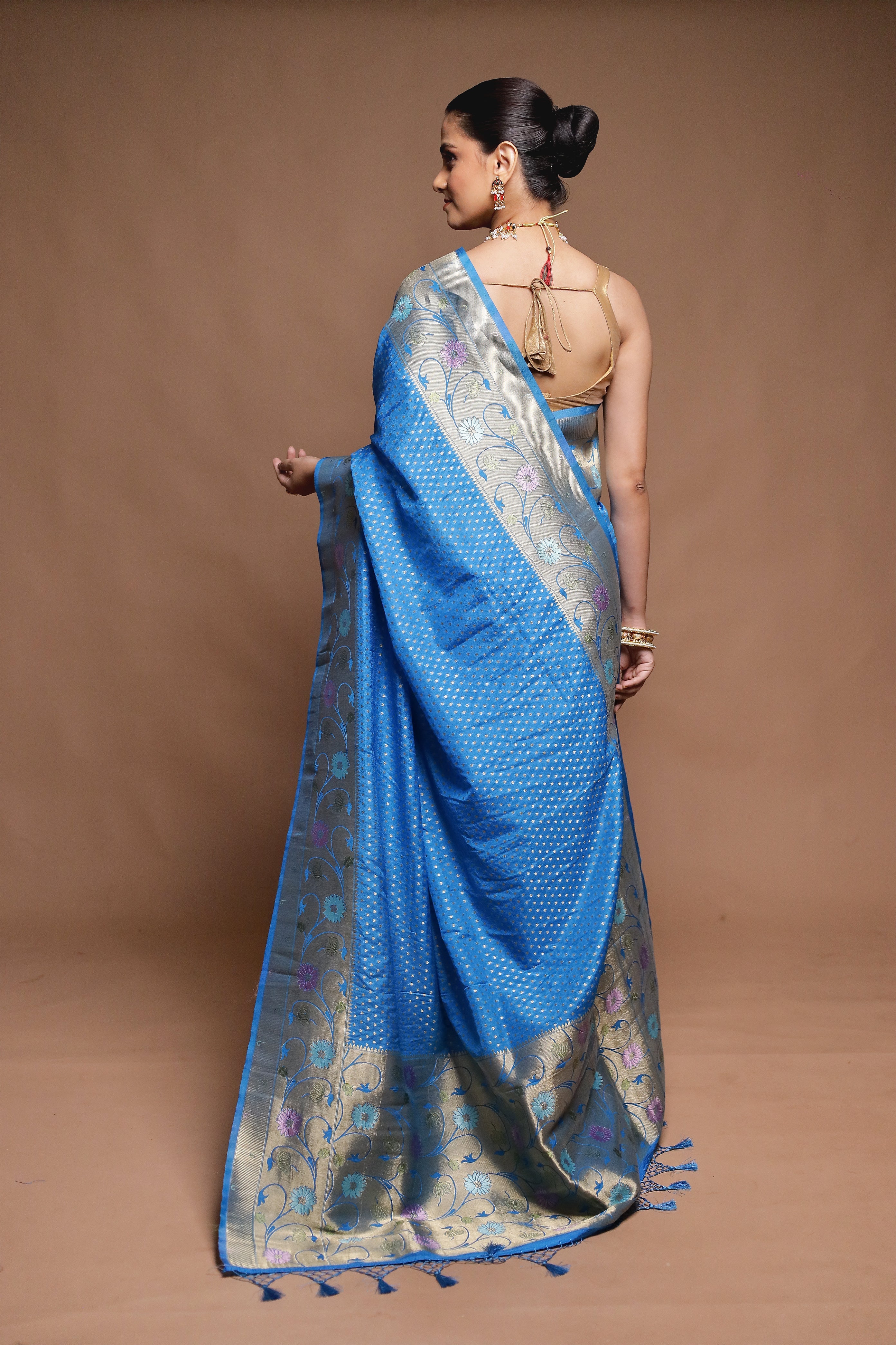 Blue Dupion Silk Saree With Blouse Piece