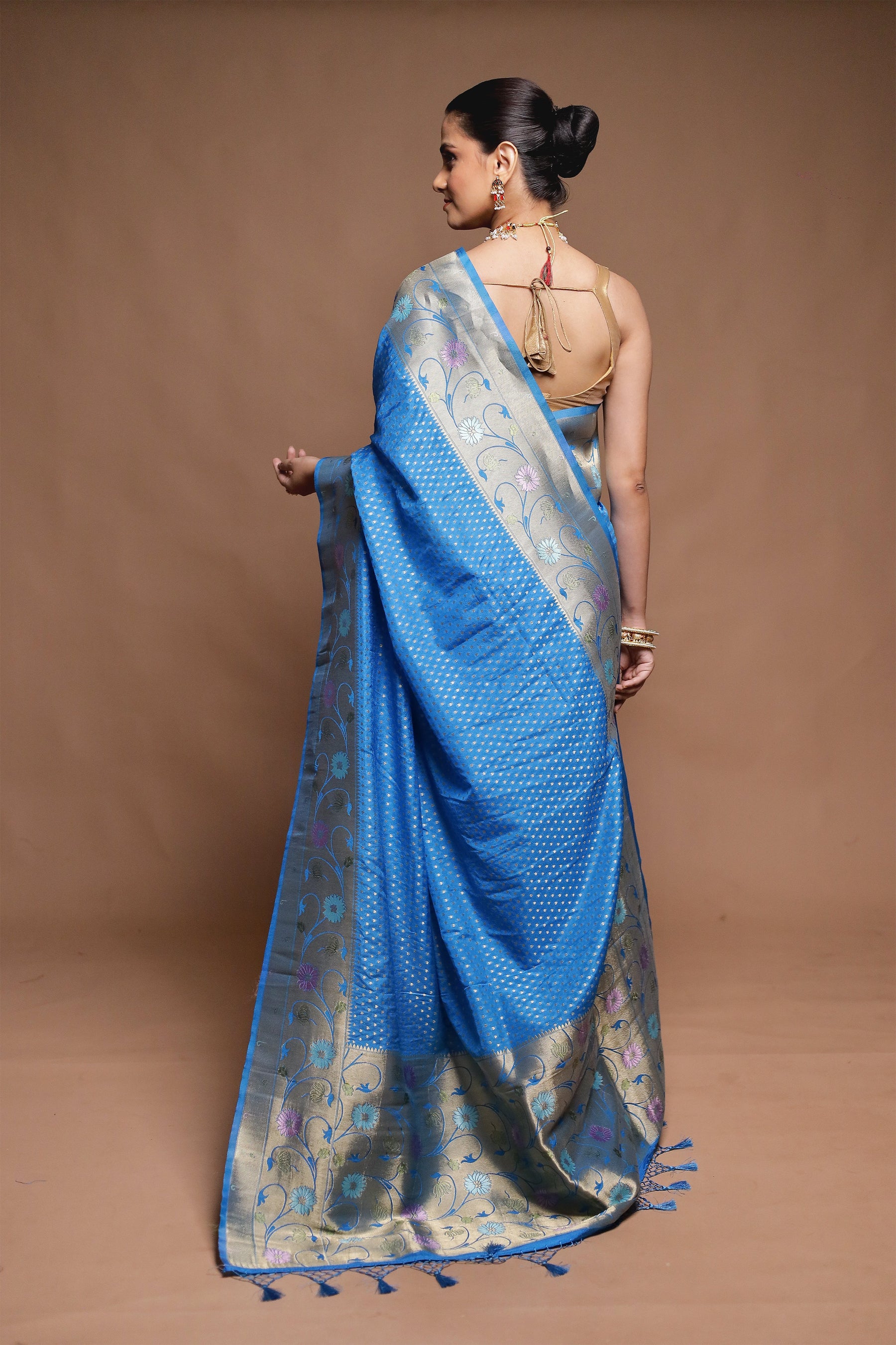 Blue Dupion Silk Saree With Blouse Piece