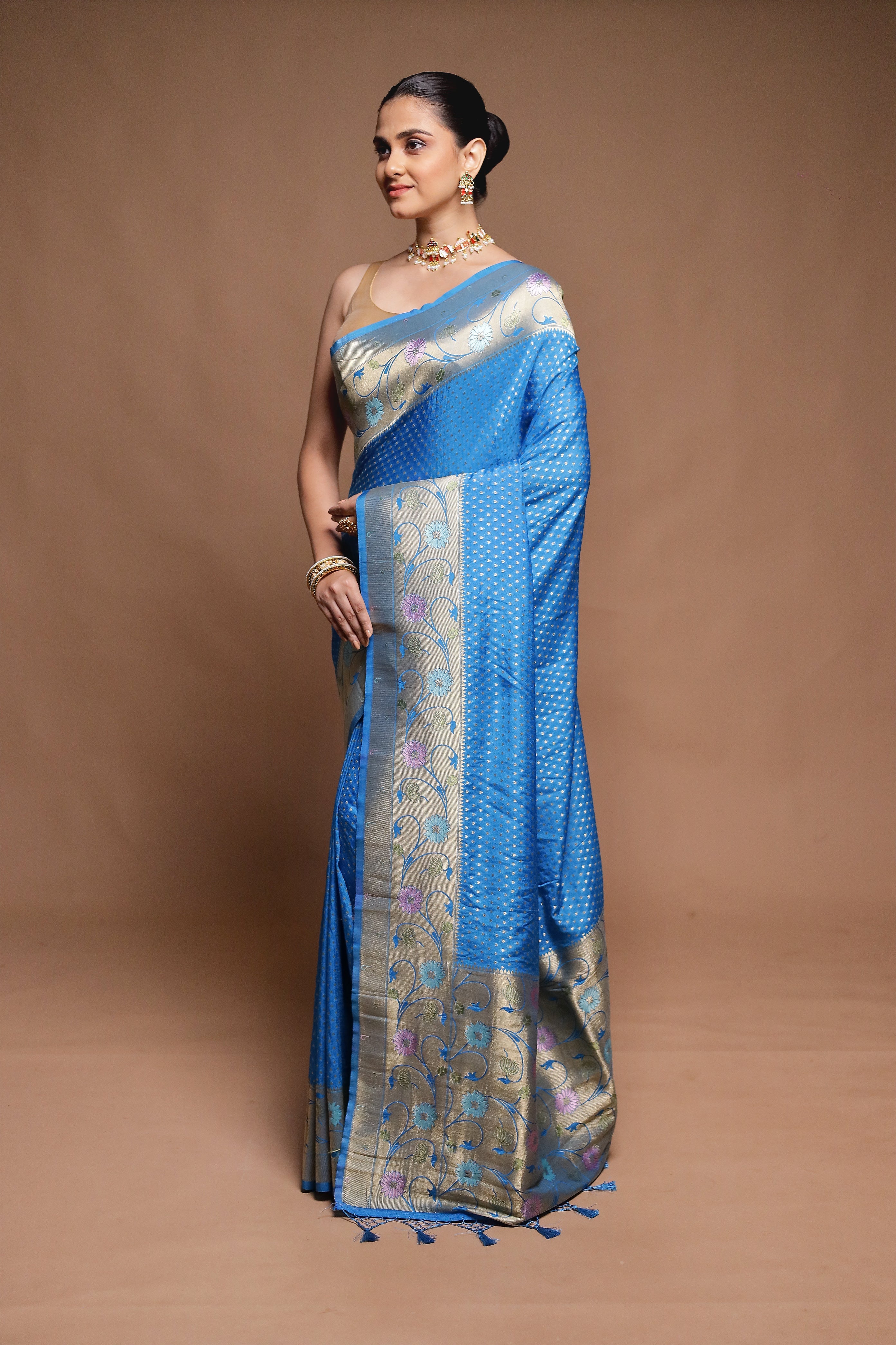 Blue Dupion Silk Saree With Blouse Piece