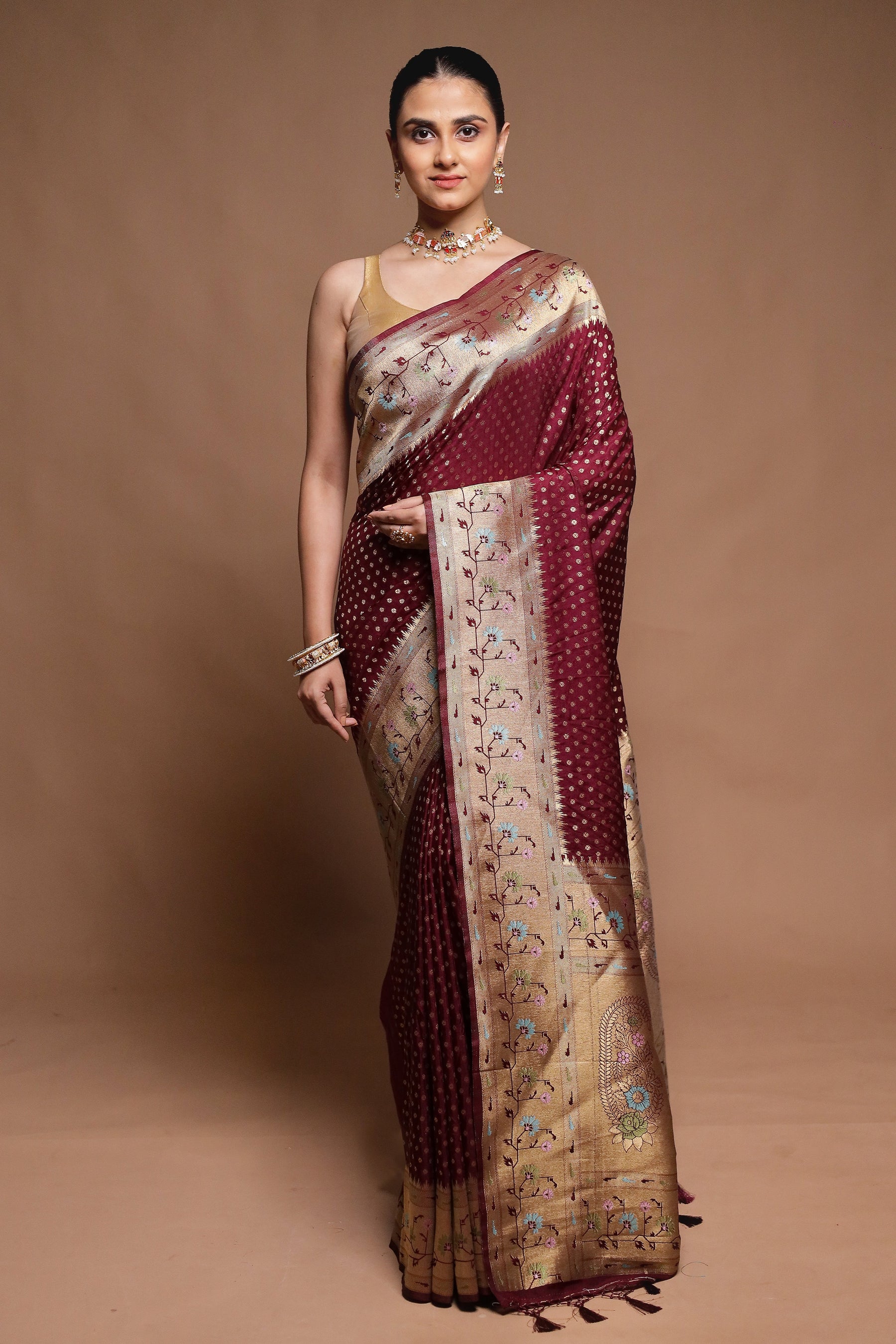 Maroon Dupion Silk Saree With Blouse Piece