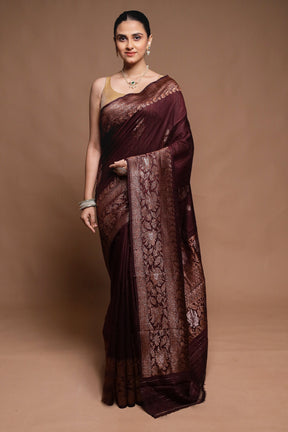 Maroon Handloom Tussar Pure Silk Saree With Blouse Piece